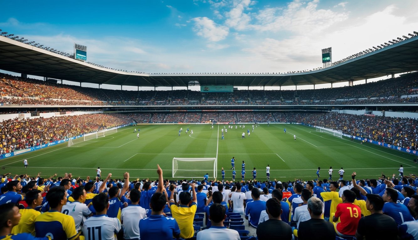 Sebuah stadion sepak bola yang ramai di Indonesia dengan para penggemar yang bersorak dan pemain di lapangan