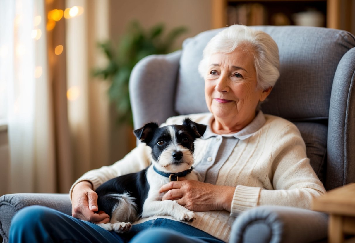A senior sits in a cozy armchair, a small Border Terrier curled up in their lap. The dog gazes up at the person with adoring eyes, providing comfort and companionship