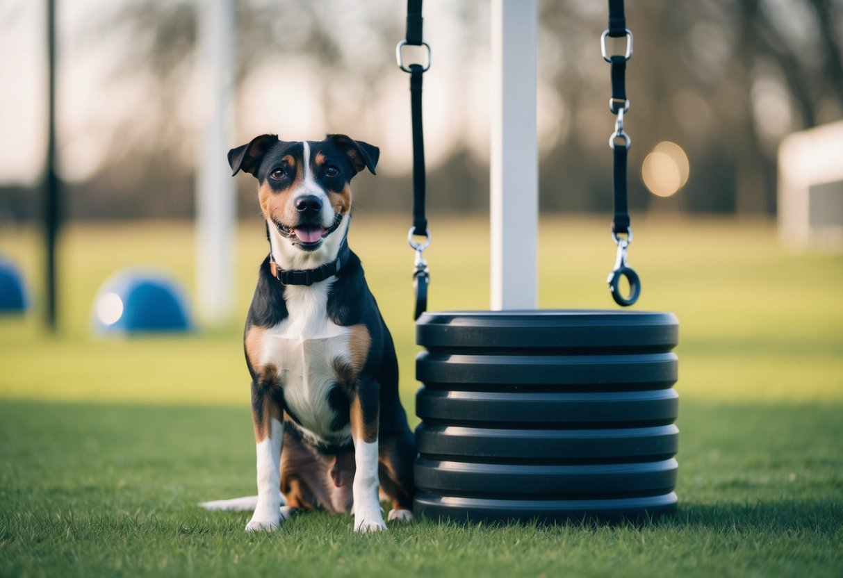 A border terrier standing next to a stack of training and exercise equipment, looking eager and ready for activity