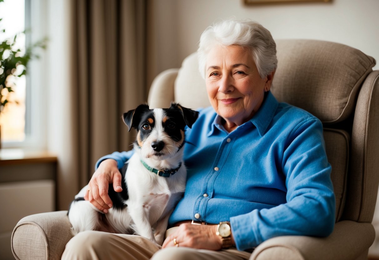 A senior person sitting in a cozy chair with a Border Terrier resting on their lap, both looking content and relaxed