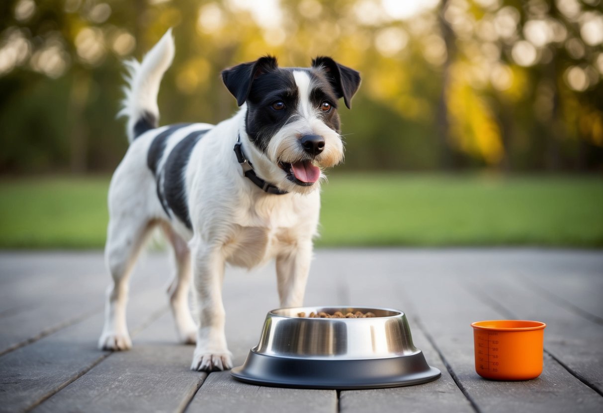 A border terrier stands next to a full food bowl, with a measuring cup nearby