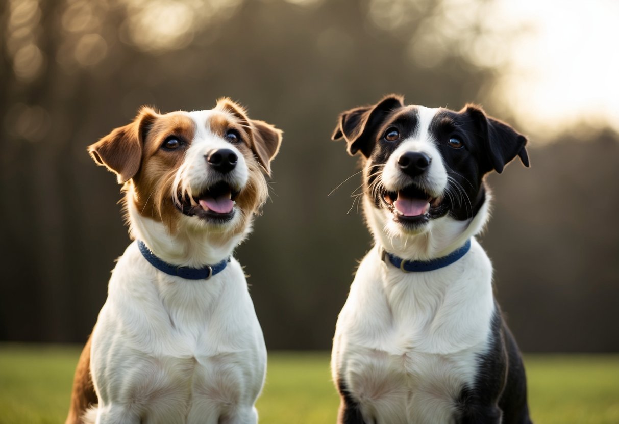 A male and female Border Terrier stand side by side, both looking up with attentive expressions. Their coats are well-groomed and their tails wagging happily