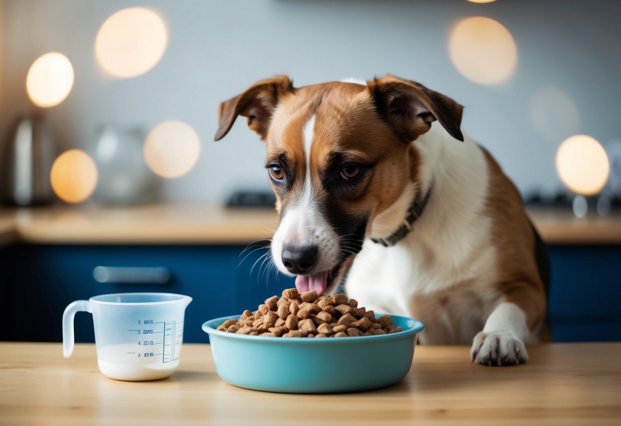 A Border Terrier eating from a bowl of dog food, with a measuring cup next to it