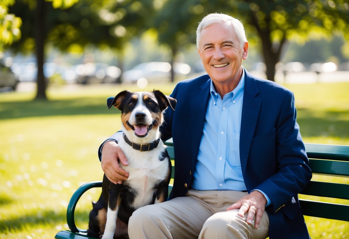 A senior sitting on a park bench, smiling while a border terrier leans against them, both enjoying the fresh air and sunshine
