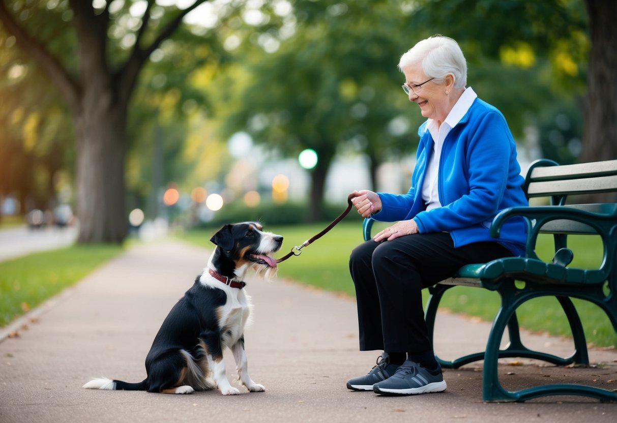 A senior person sitting on a park bench, happily interacting with a well-behaved border terrier on a leash