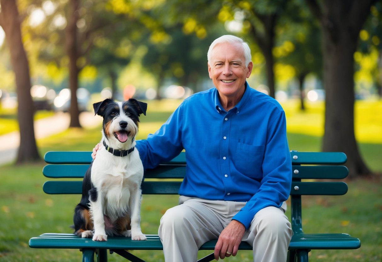 A senior sitting on a park bench with a lively border terrier at their side, both enjoying the outdoors