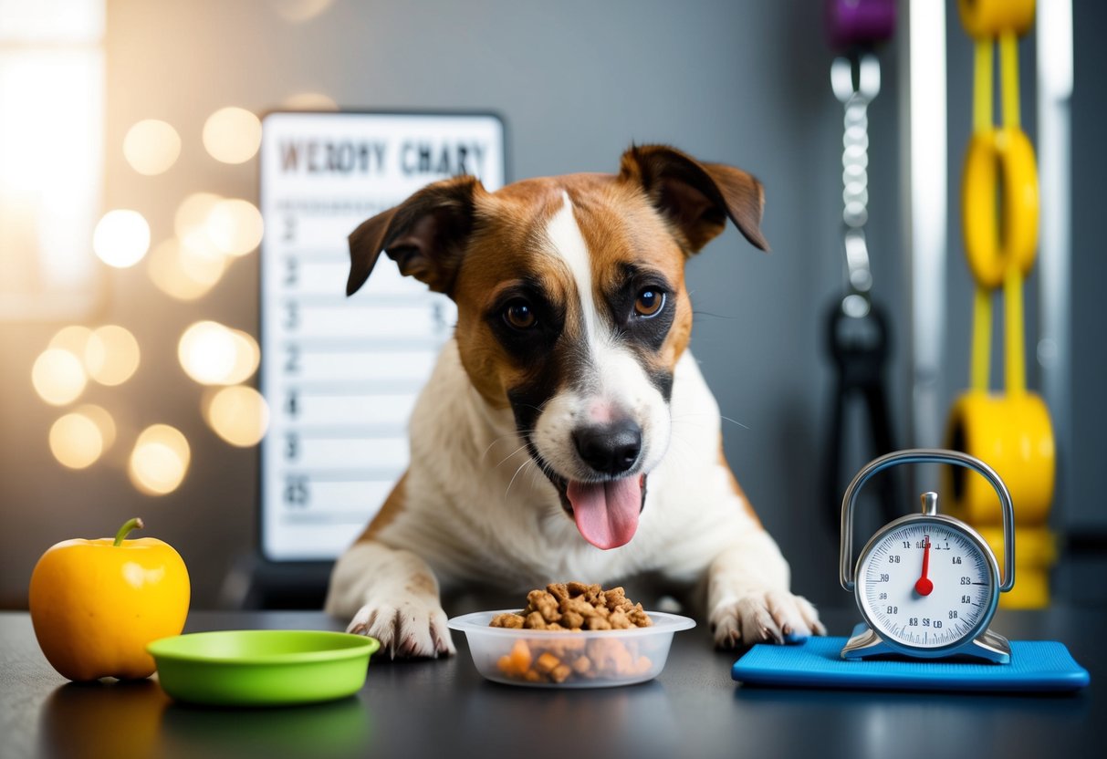 A border terrier eating from a measured portion of food, with a healthy weight chart and exercise equipment in the background