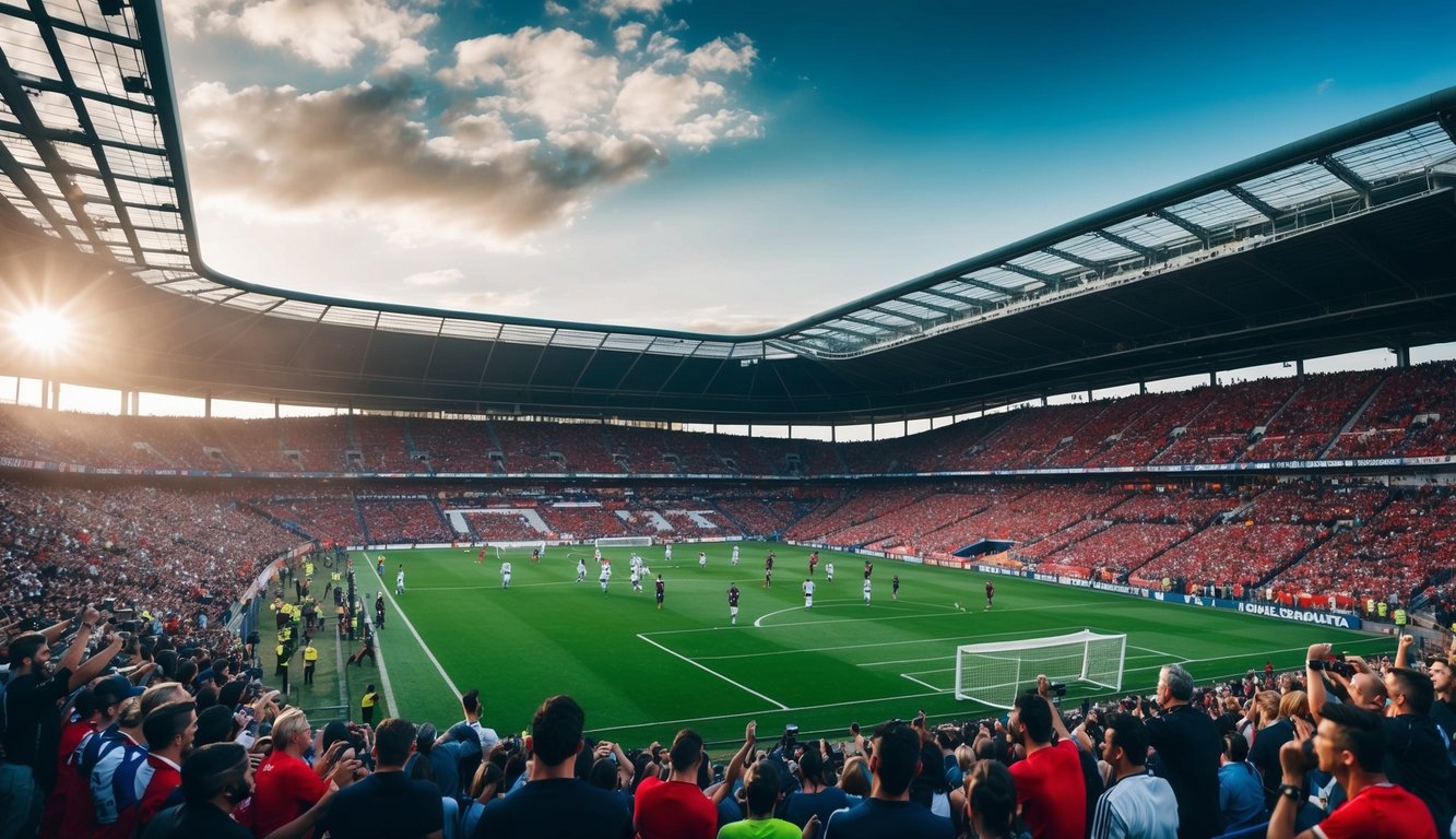 Sebuah stadion sepak bola yang ramai dengan penggemar yang bersorak dan pemain di lapangan