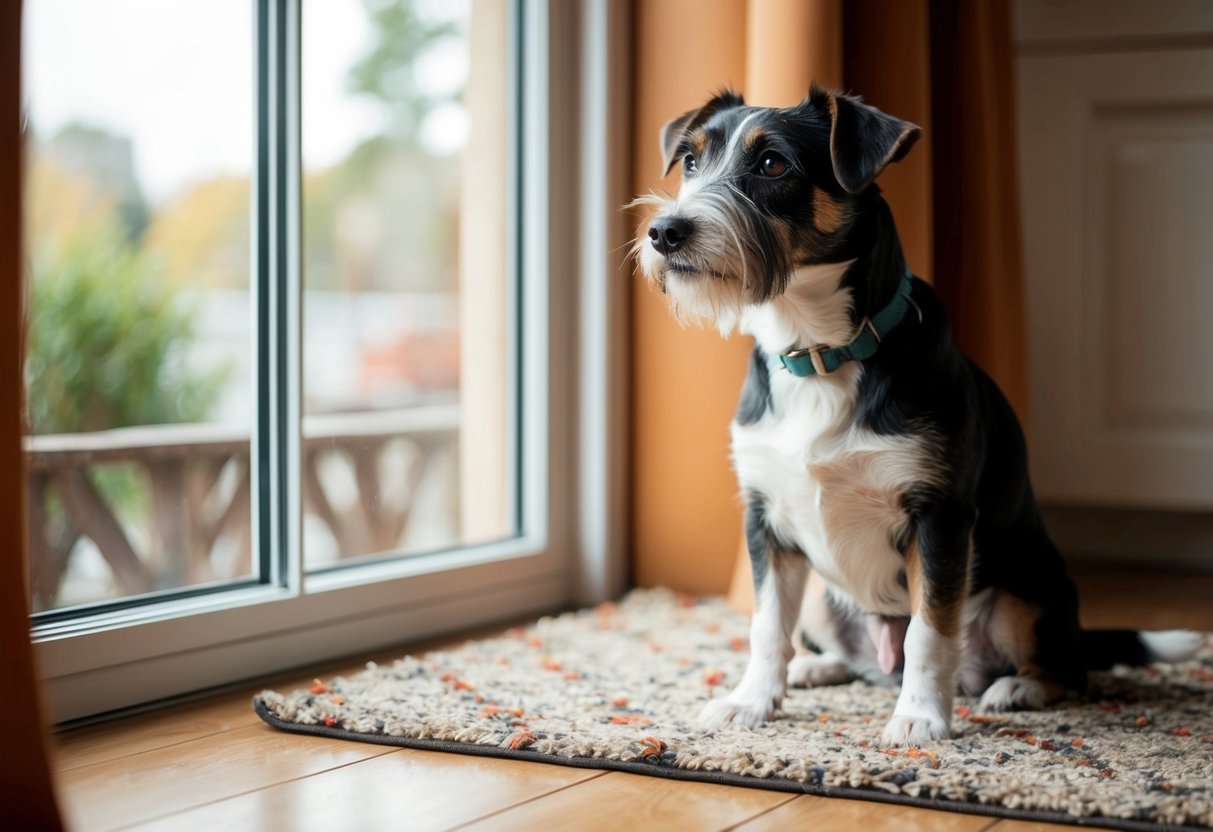 A 12-year-old Border Terrier sitting on a cozy rug, looking out a window with a curious expression