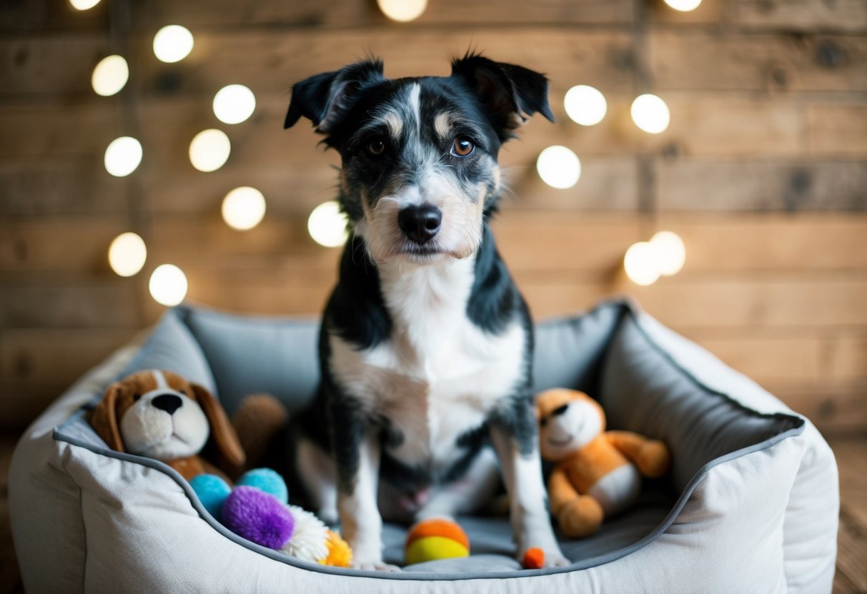 A Border Terrier, 12 years old, sitting calmly with a wise and gentle expression, surrounded by toys and a cozy bed