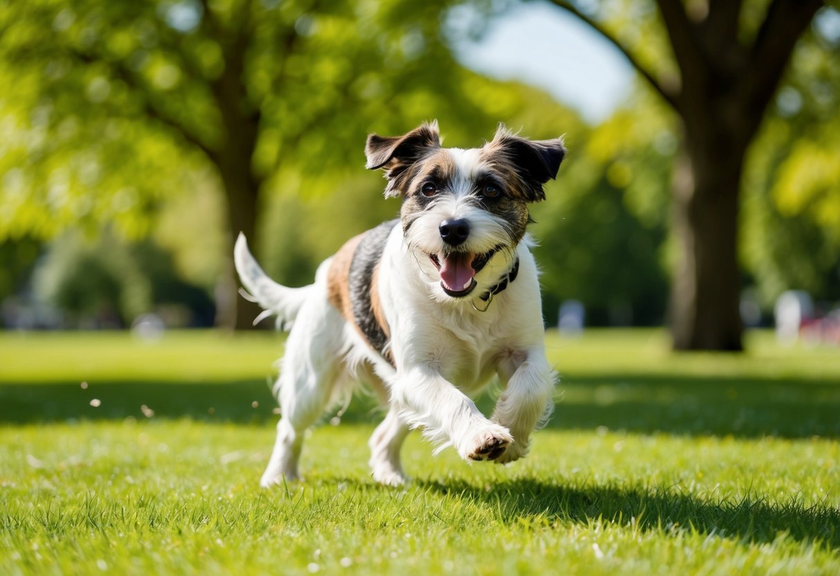 A happy, energetic Border Terrier playing in a sunny park with a life expectancy of 12 years