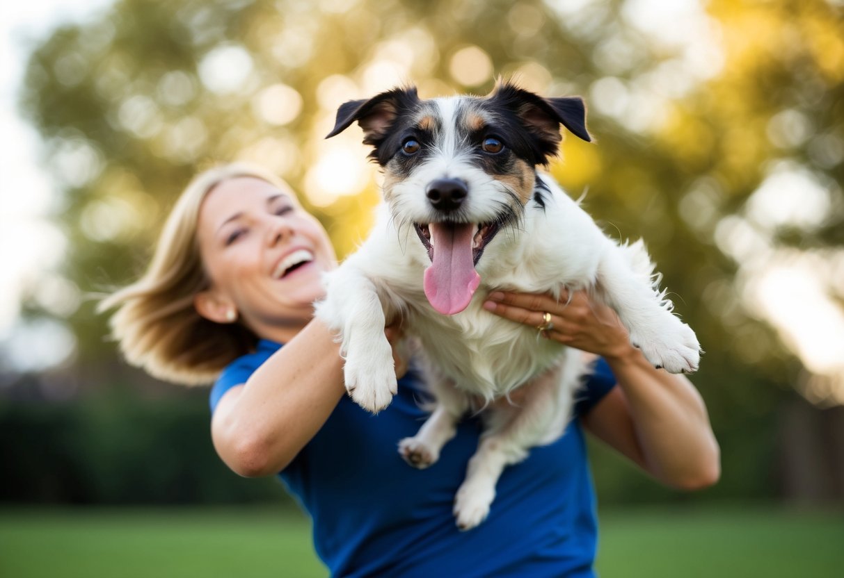 A border terrier eagerly jumps into the arms of its owner, tail wagging and tongue lolling in excitement