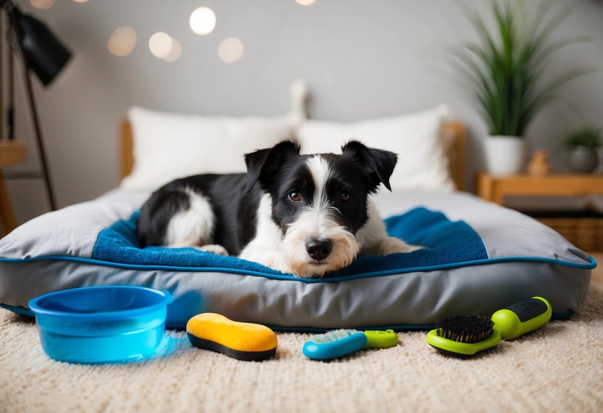 A Border Terrier lies on a cozy bed, surrounded by toys and a water bowl. A brush and grooming supplies sit nearby, ready for use