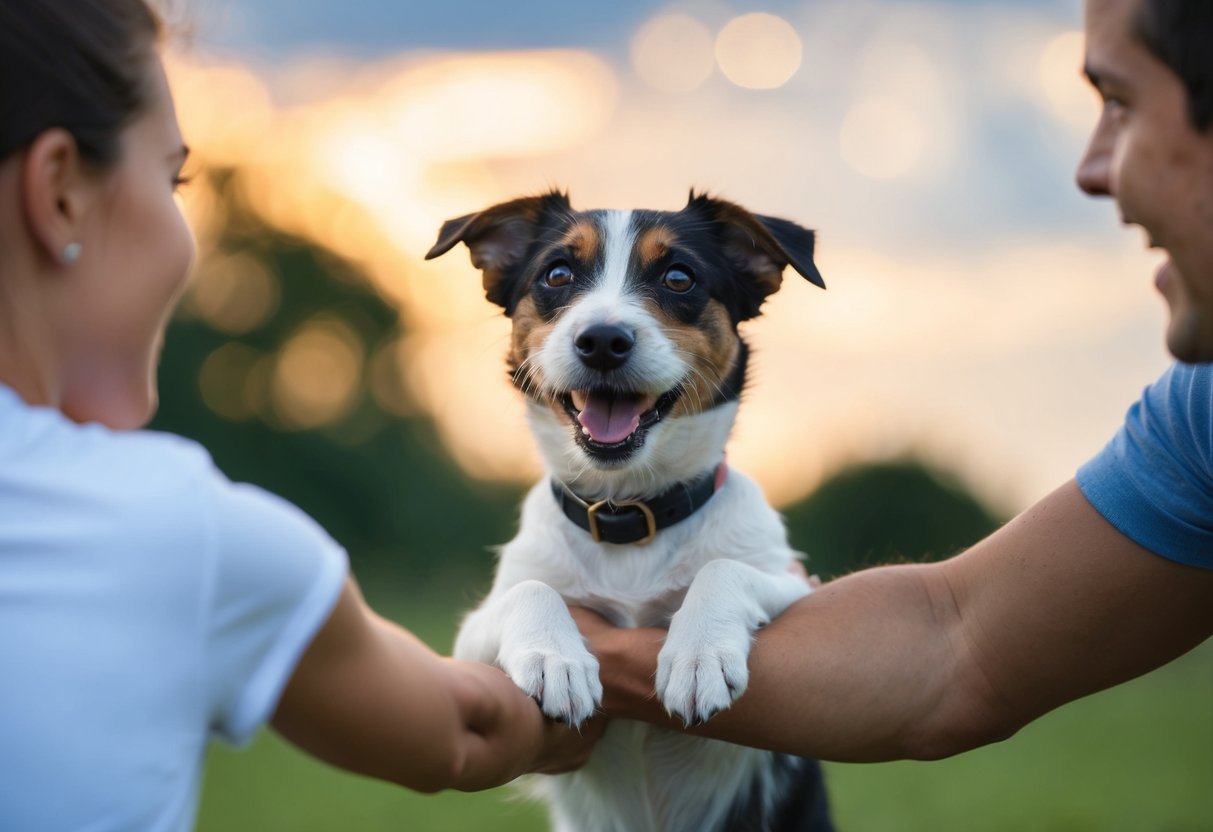 A Border Terrier eagerly wagging its tail as it gazes up at someone with open arms, ready to be picked up