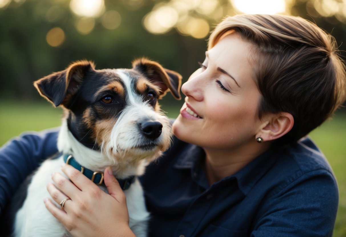 A border terrier snuggles close to its owner, gazing up at them with adoring eyes while the two share a quiet moment together