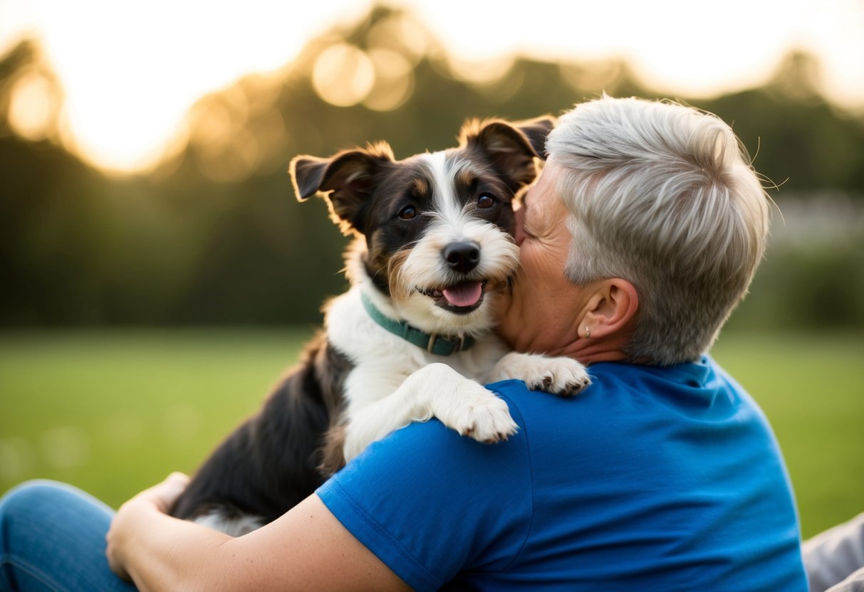 A border terrier happily snuggles in the arms of its owner, wagging its tail with contentment