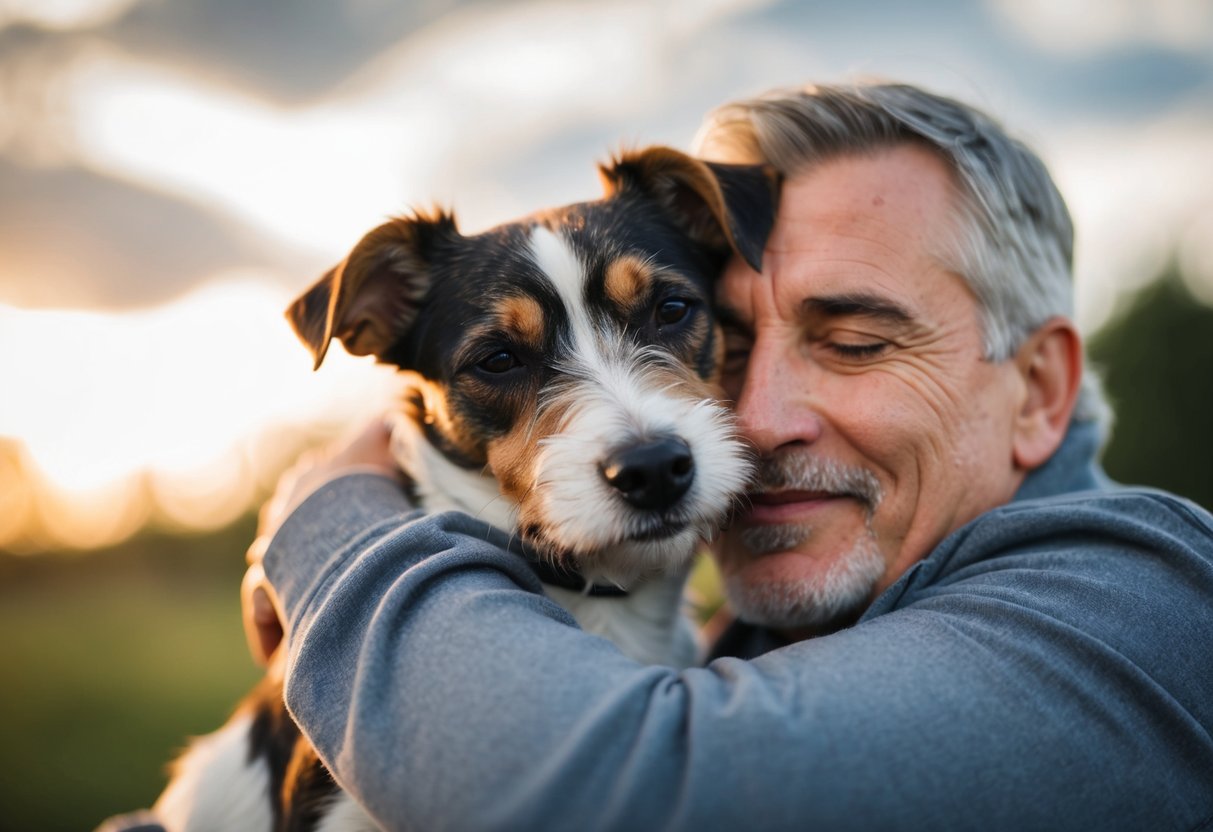 A Border Terrier snuggled up against its owner, showing a strong bond and affection