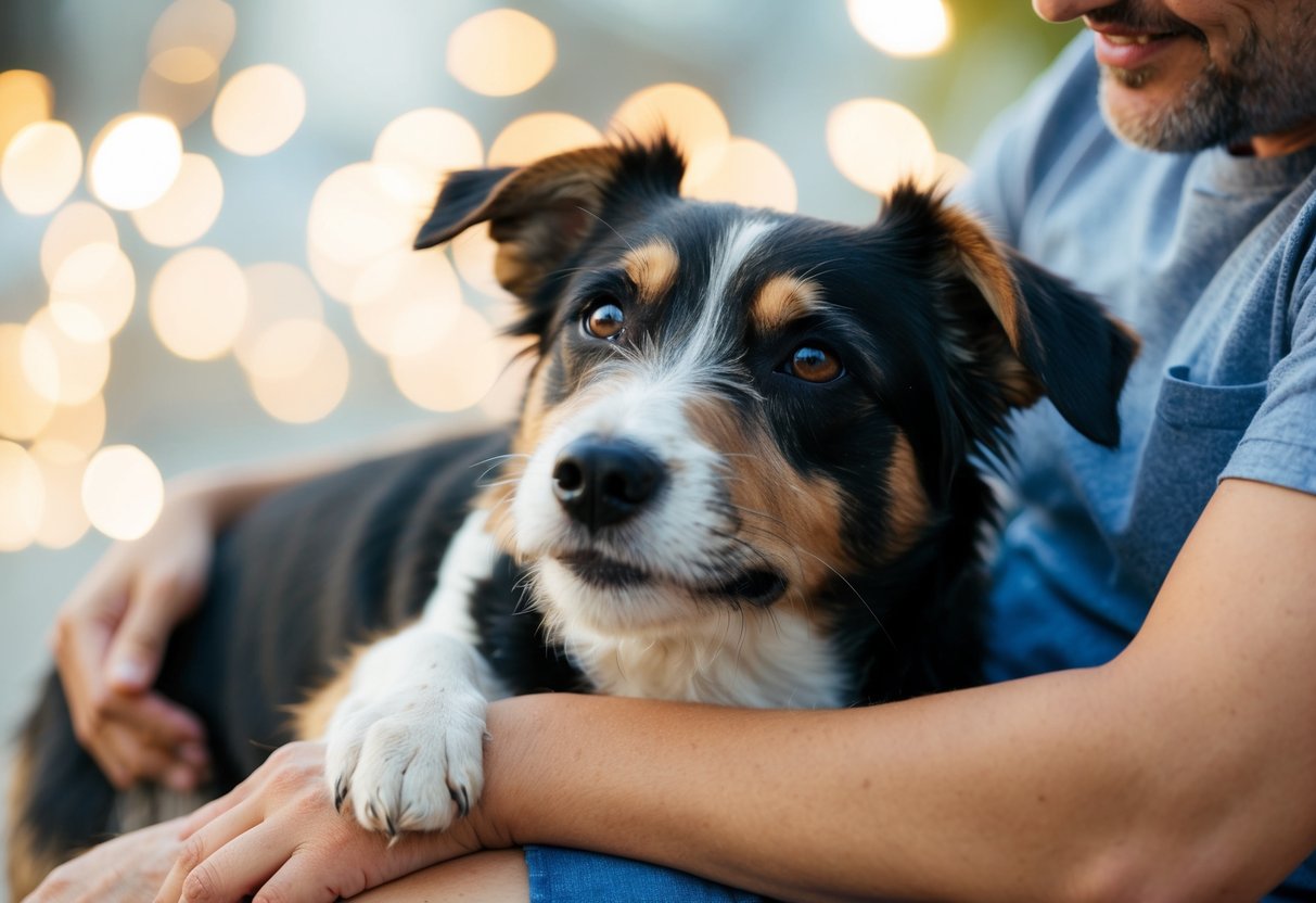 A Border Terrier gazes up at its owner with adoring eyes, leaning against their leg for comfort and affection