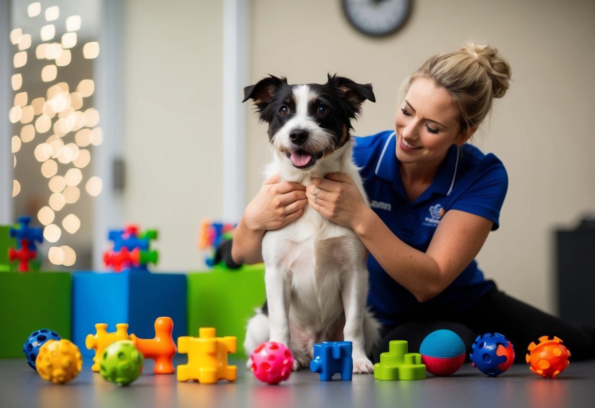 A border terrier eagerly sits in front of an assortment of puzzle toys, while a trainer gently lifts the dog up for a cuddle