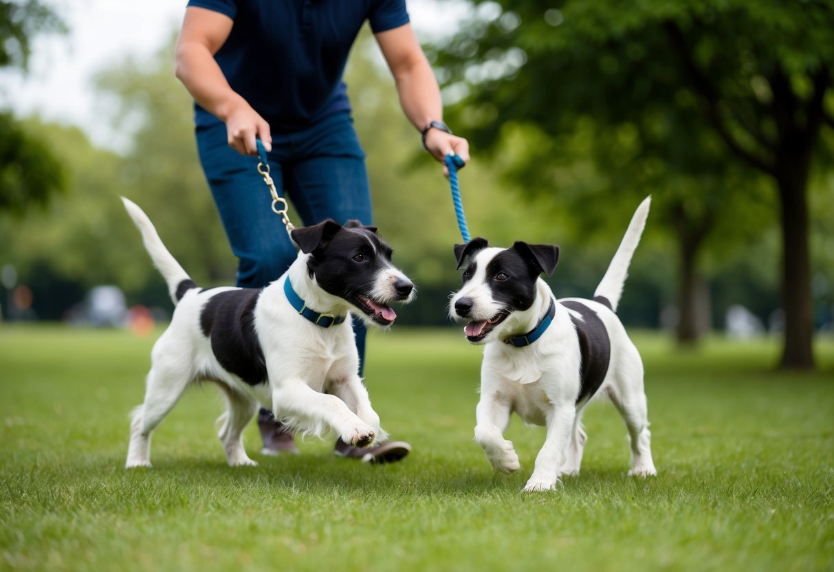 Two border terriers playing together in a park, engaging in training exercises and socialization activities with their owner