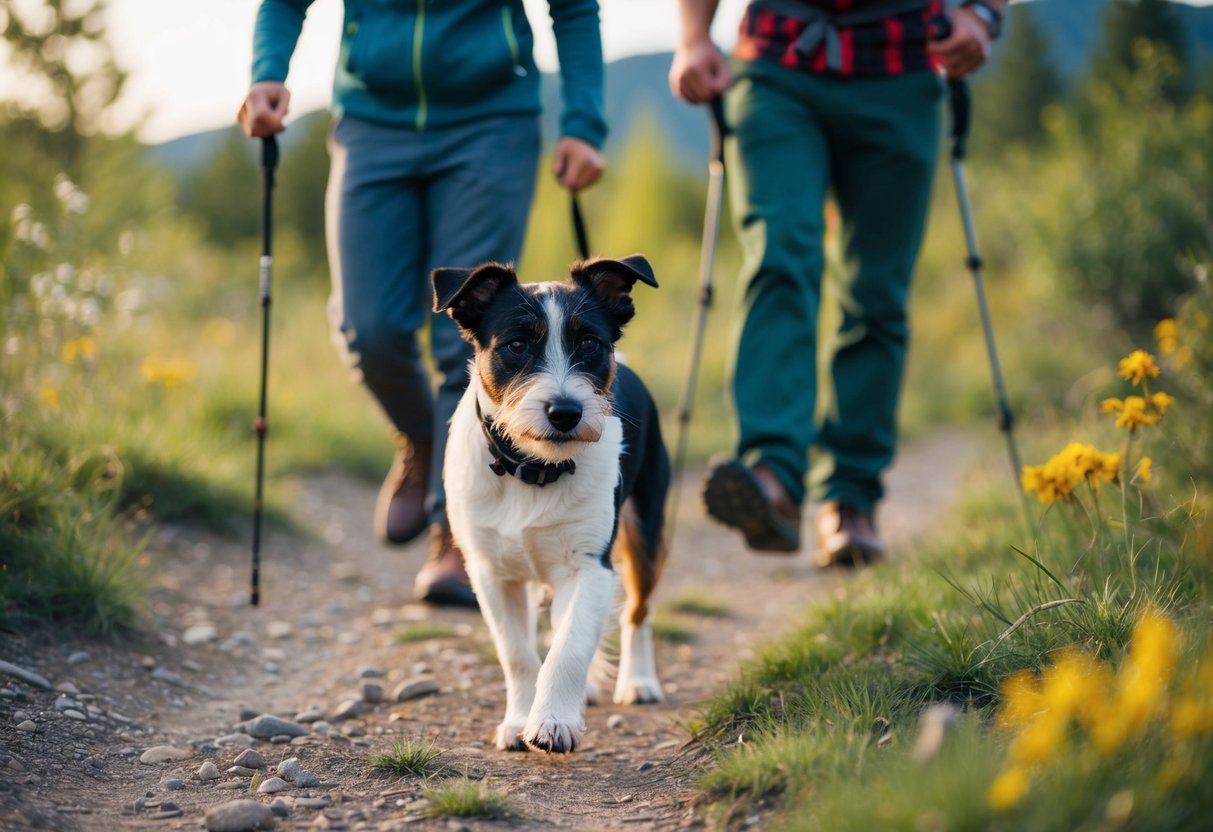 A border terrier eagerly follows its owner on a nature hike, stopping to sniff and explore the surroundings
