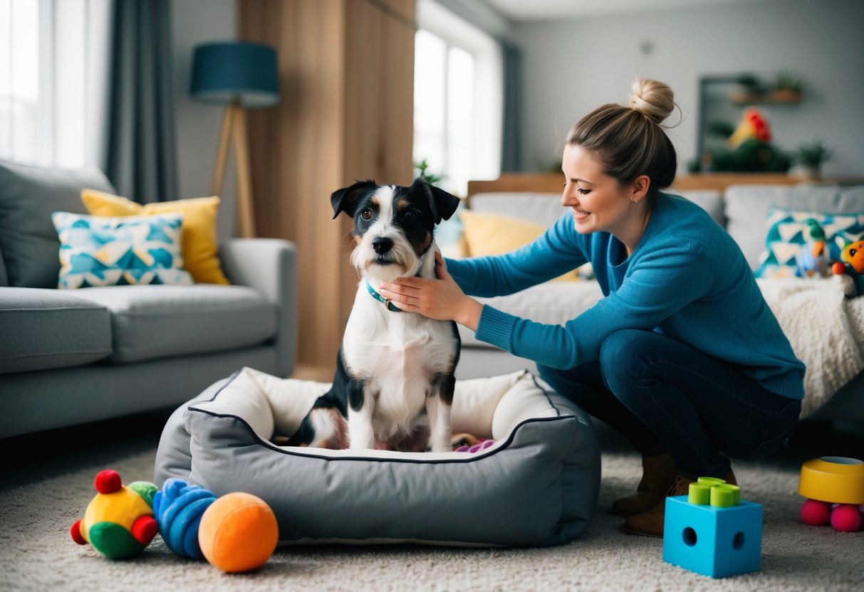 A border terrier sitting in a cozy living room, surrounded by toys and a comfortable bed, while being petted by its owner