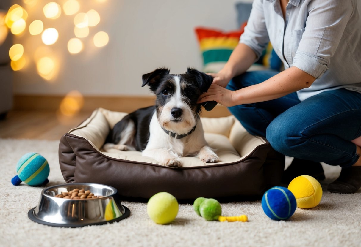 A border terrier lounges on a cozy dog bed surrounded by toys and a food bowl. A loving owner brushes its wiry coat
