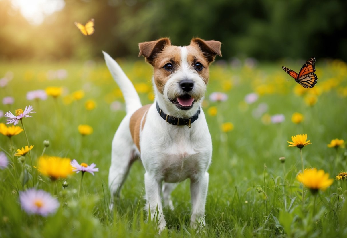 A border terrier standing in a lush green field, surrounded by flowers and butterflies, with a curious and alert expression on its face