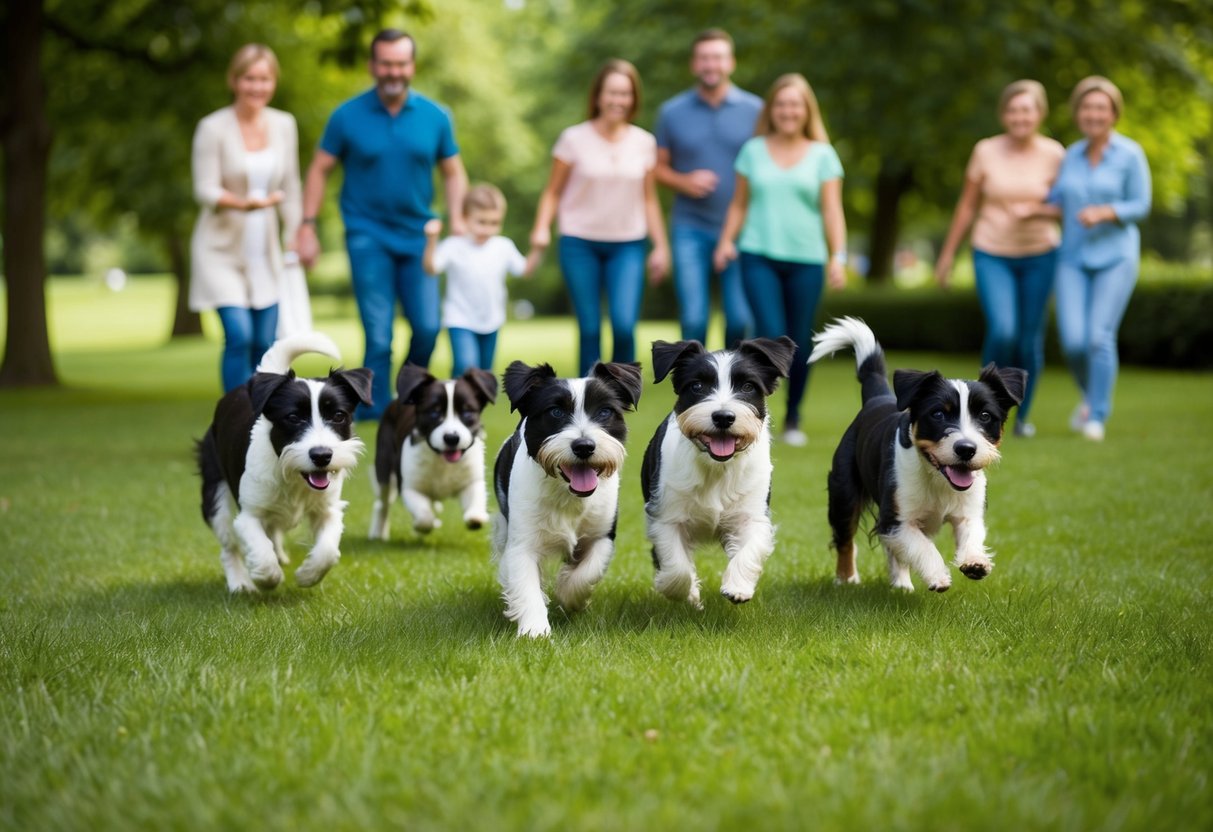 A group of Border Terriers playfully romp in a lush green park, surrounded by smiling families and dog lovers in the UK