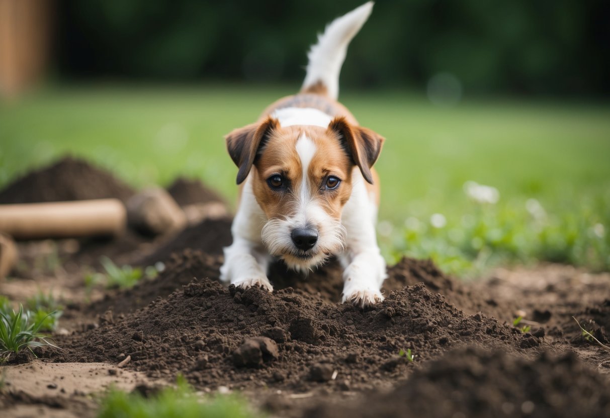 A Border Terrier digging in a garden, surrounded by freshly turned soil and scattered dirt, with a curious and determined expression on its face