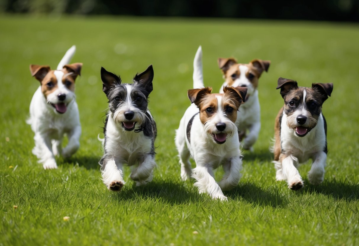 A group of Border Terriers playing in a lush green field, showcasing their wiry coats and friendly, alert expressions