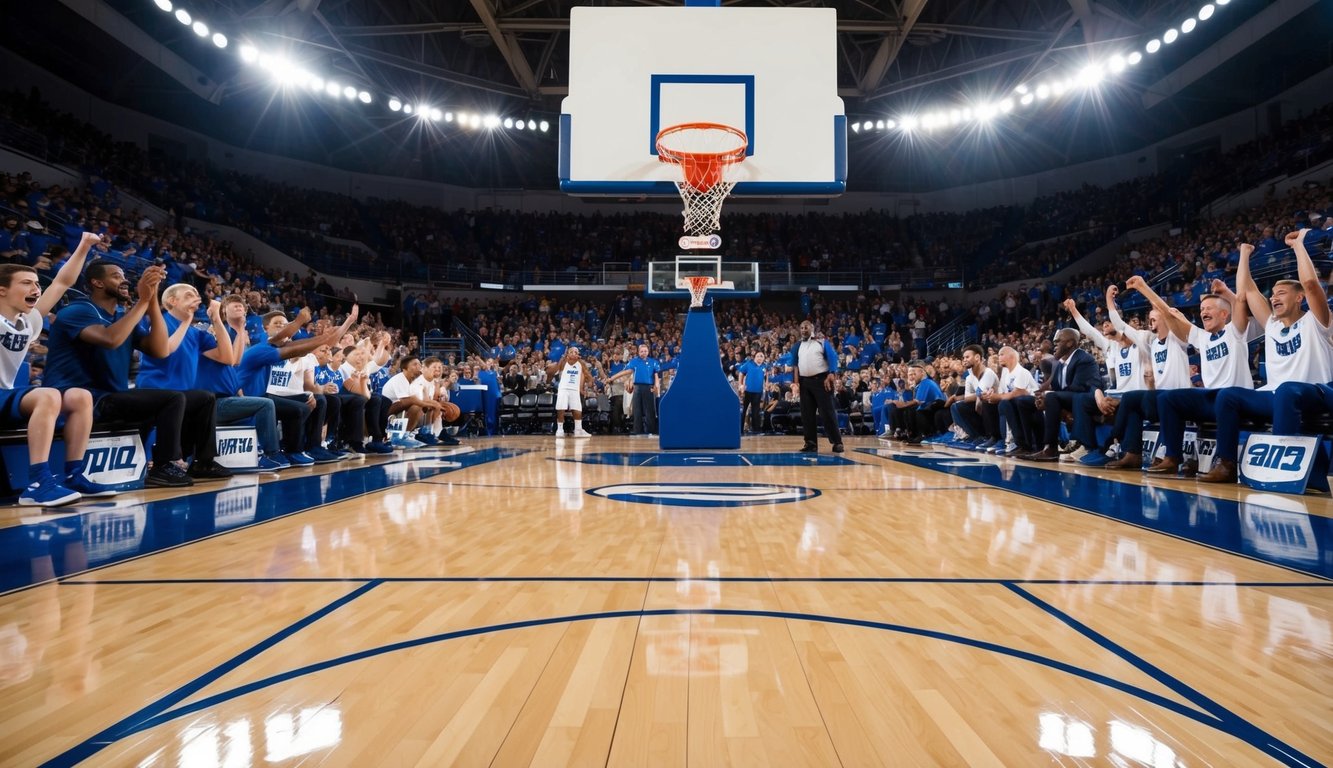 Sebuah lapangan basket dengan ring dan jaring, dikelilingi oleh penonton yang bersorak dan bangku tim