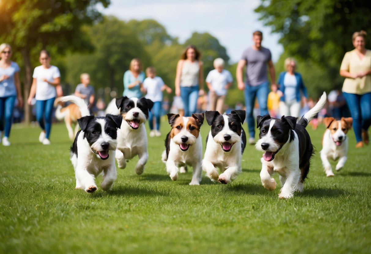 A group of Border Terriers playing in a lively park, surrounded by families and dog enthusiasts