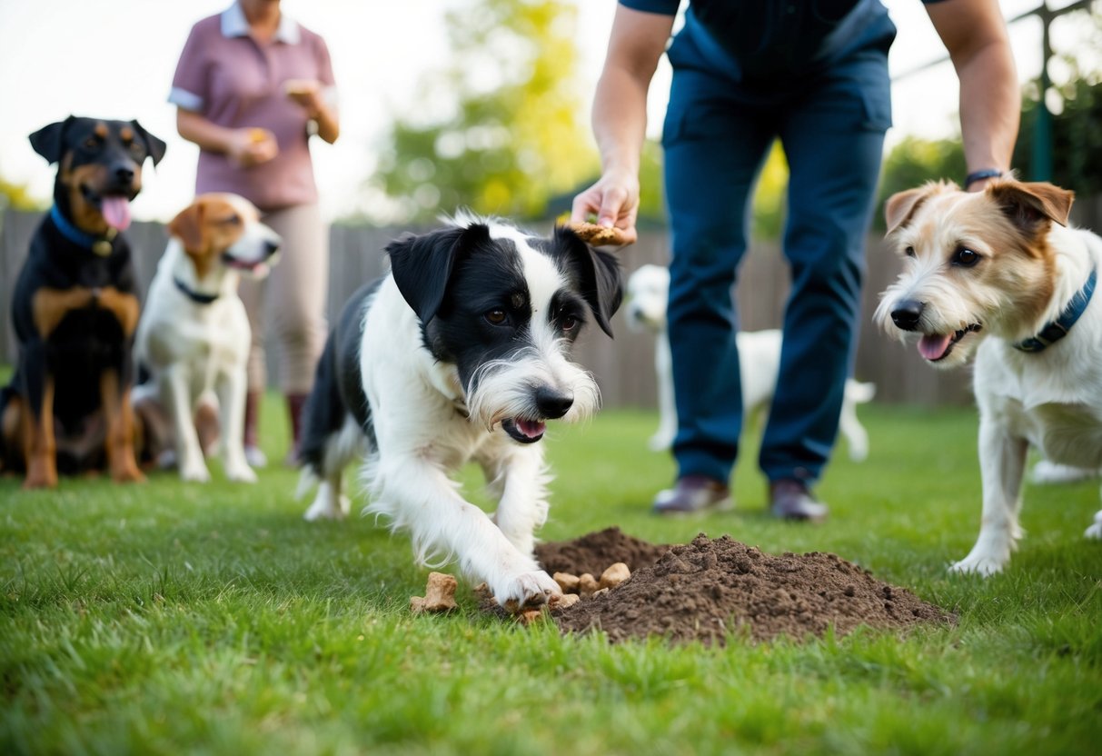 A border terrier digs in a backyard, while a trainer rewards good behavior with treats. Other dogs socialize in the background