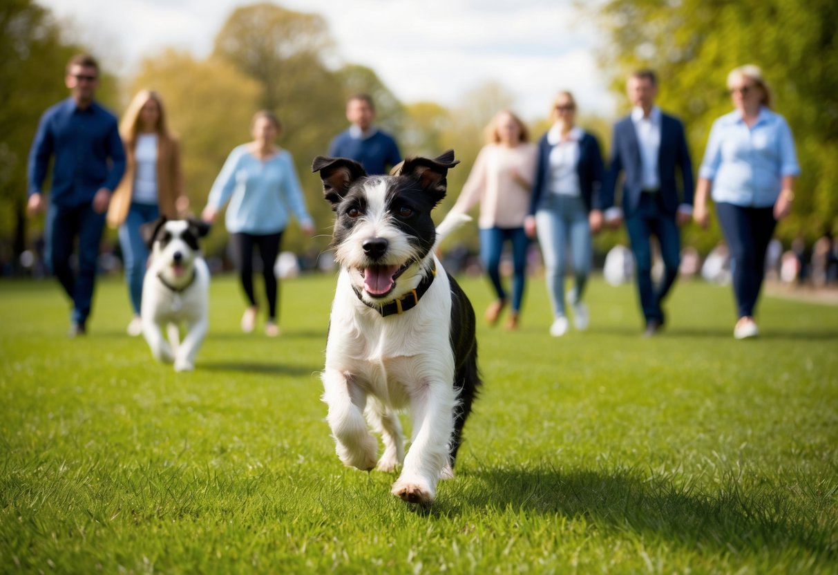 A border terrier playing in a park with a group of people, showing its popularity in the UK
