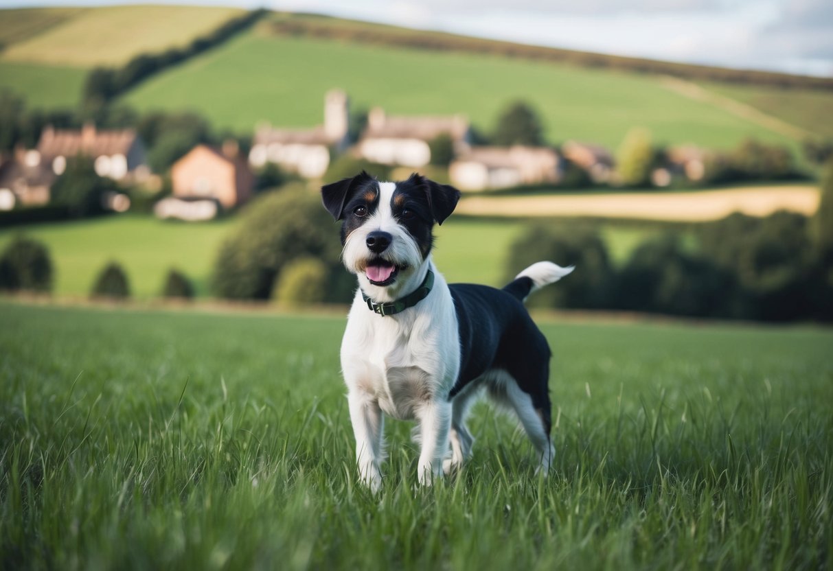 A Border Terrier stands proudly in a lush green field, surrounded by rolling hills and a quaint countryside village in the background