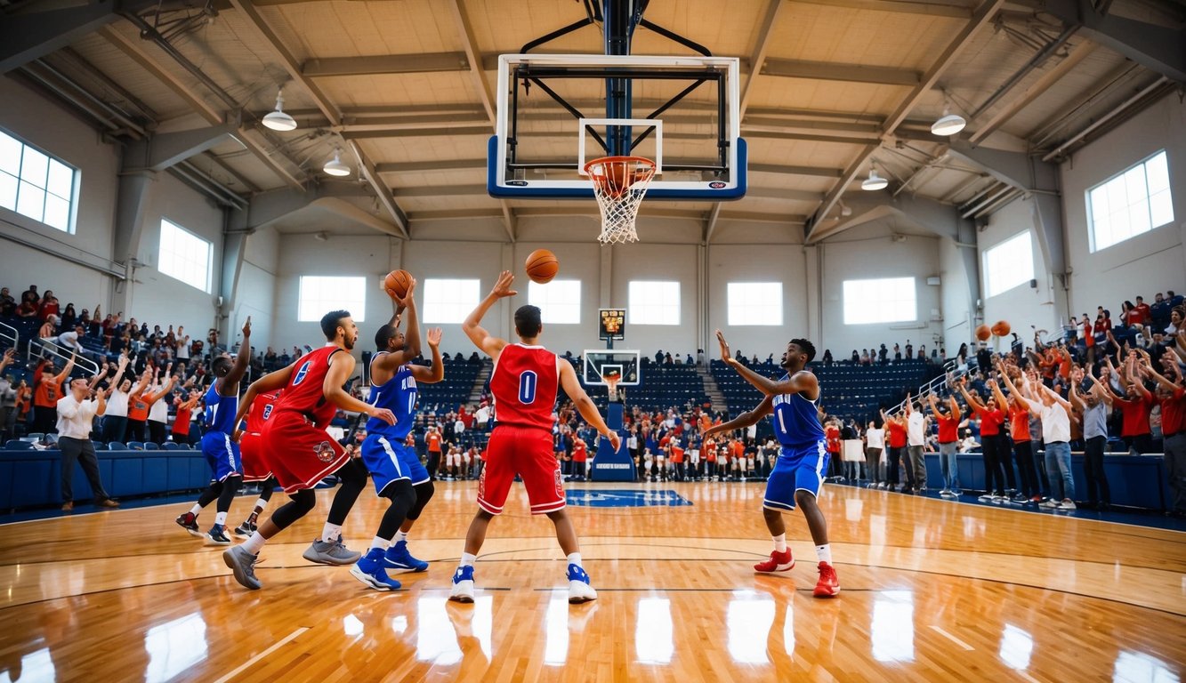 Sebuah lapangan basket dengan pemain yang sedang beraksi, ring basket, dan penggemar yang bersorak