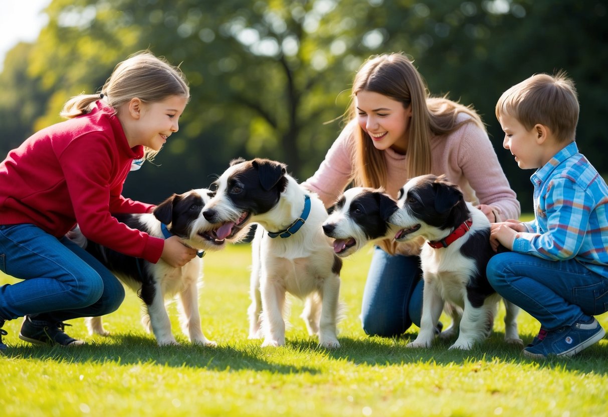 A group of Border Terriers playfully interact with children in a sunny park, showcasing their friendly and affectionate nature