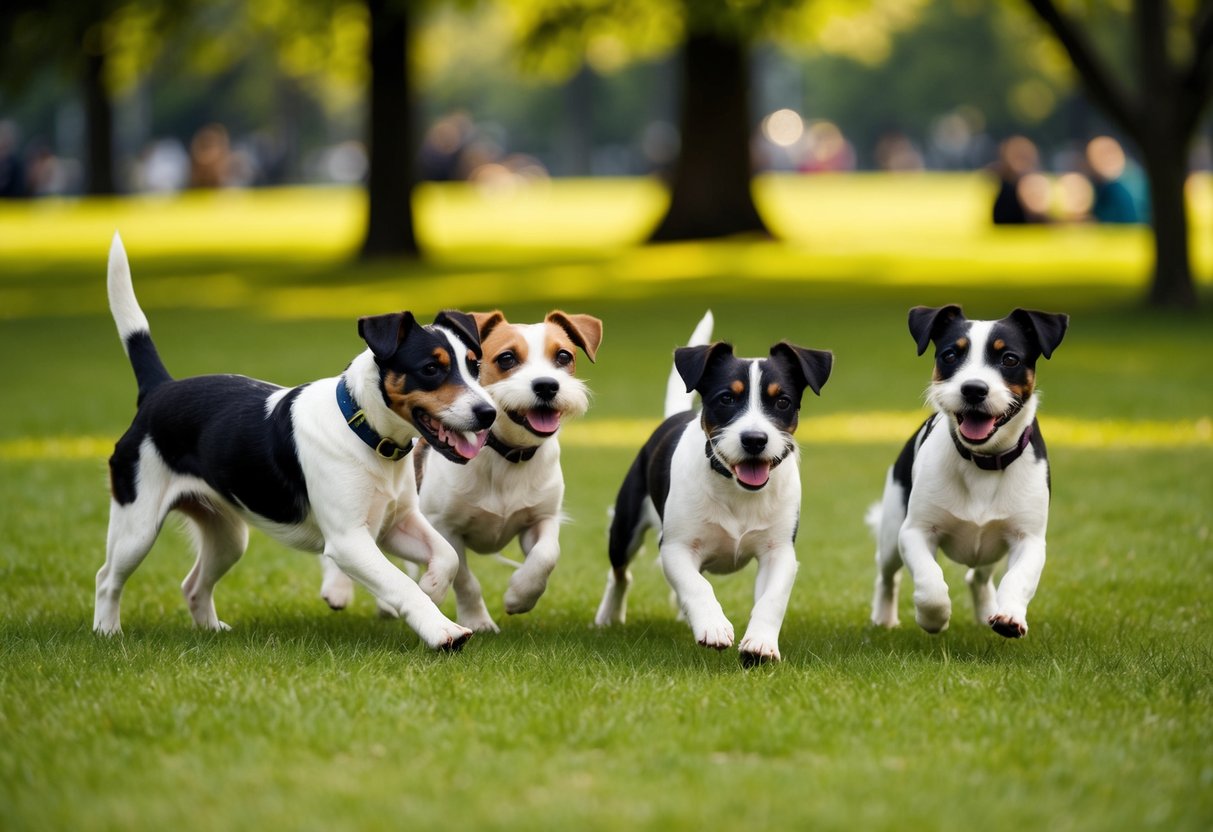 A group of lively Border Terriers playing in a park, showcasing their friendly and energetic nature
