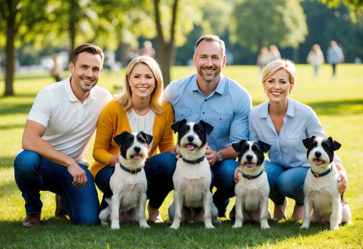 A group of smiling families with Border Terriers enjoying a sunny day at the park