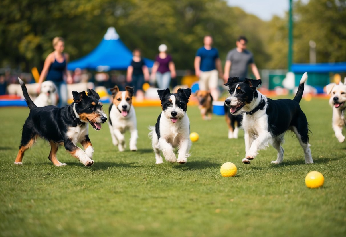 A group of border terriers engaging in various activities, such as agility training, playing fetch, and socializing with other dogs in a lively and bustling dog park