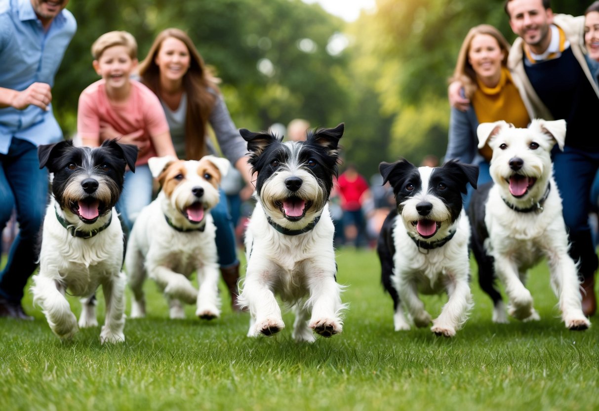 A group of Border Terriers playing in a park, surrounded by happy families and individuals. The dogs are energetic and playful, with their distinct wiry coats and friendly expressions