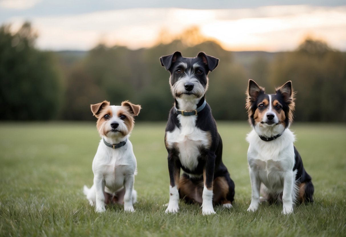 A border terrier stands next to a small and medium dog, showcasing its size for comparison