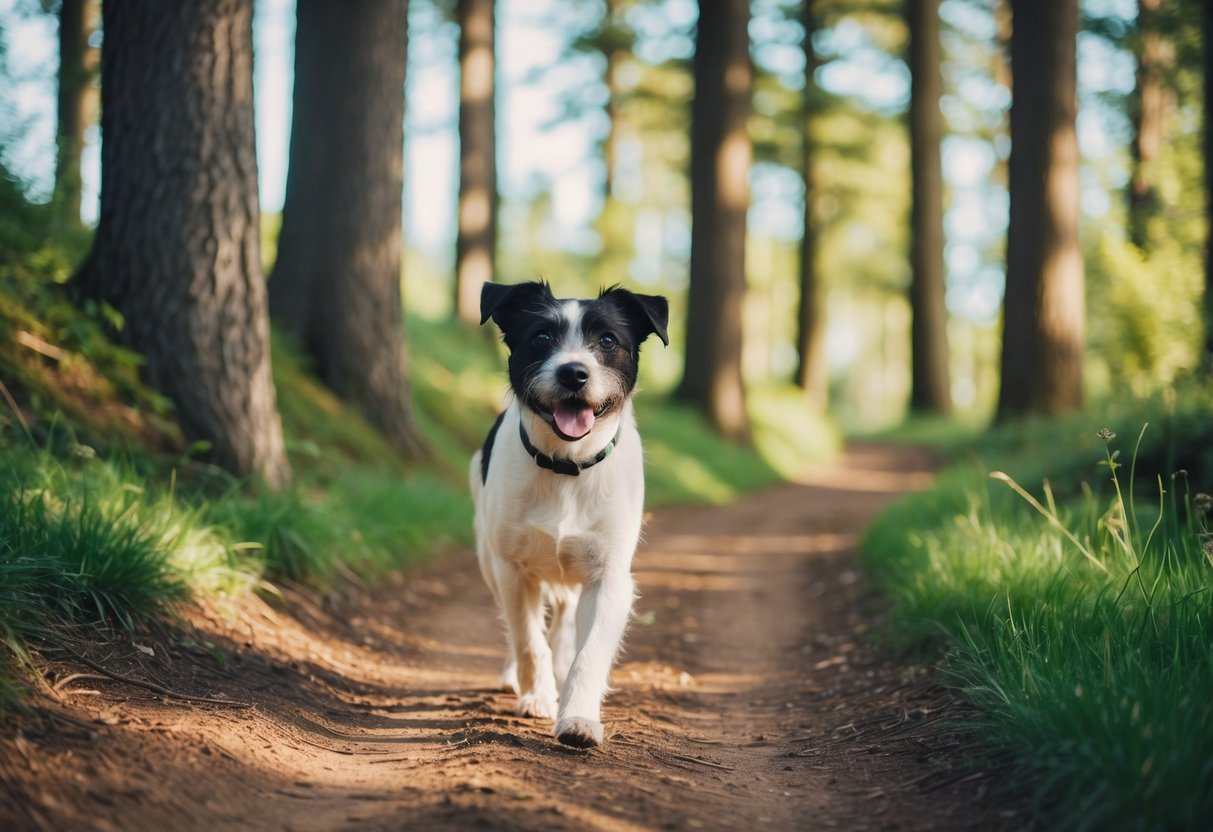 A border terrier happily walks along a winding forest trail, surrounded by tall trees and dappled sunlight