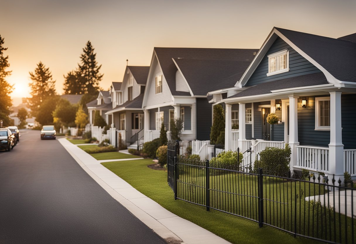 A suburban neighborhood with houses surrounded by a fence, with a large sign displaying the price of $29,000