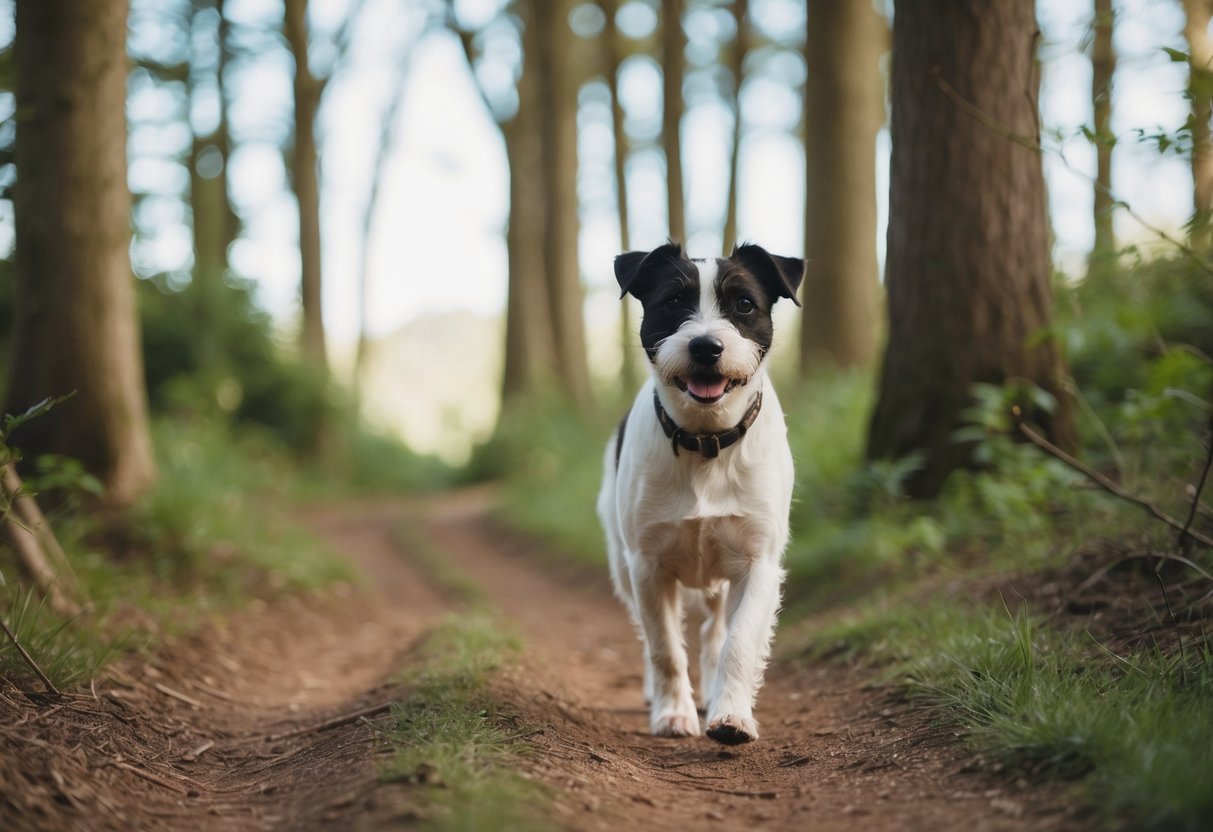A border terrier walking on a forest trail, surrounded by trees and nature, with a serene expression