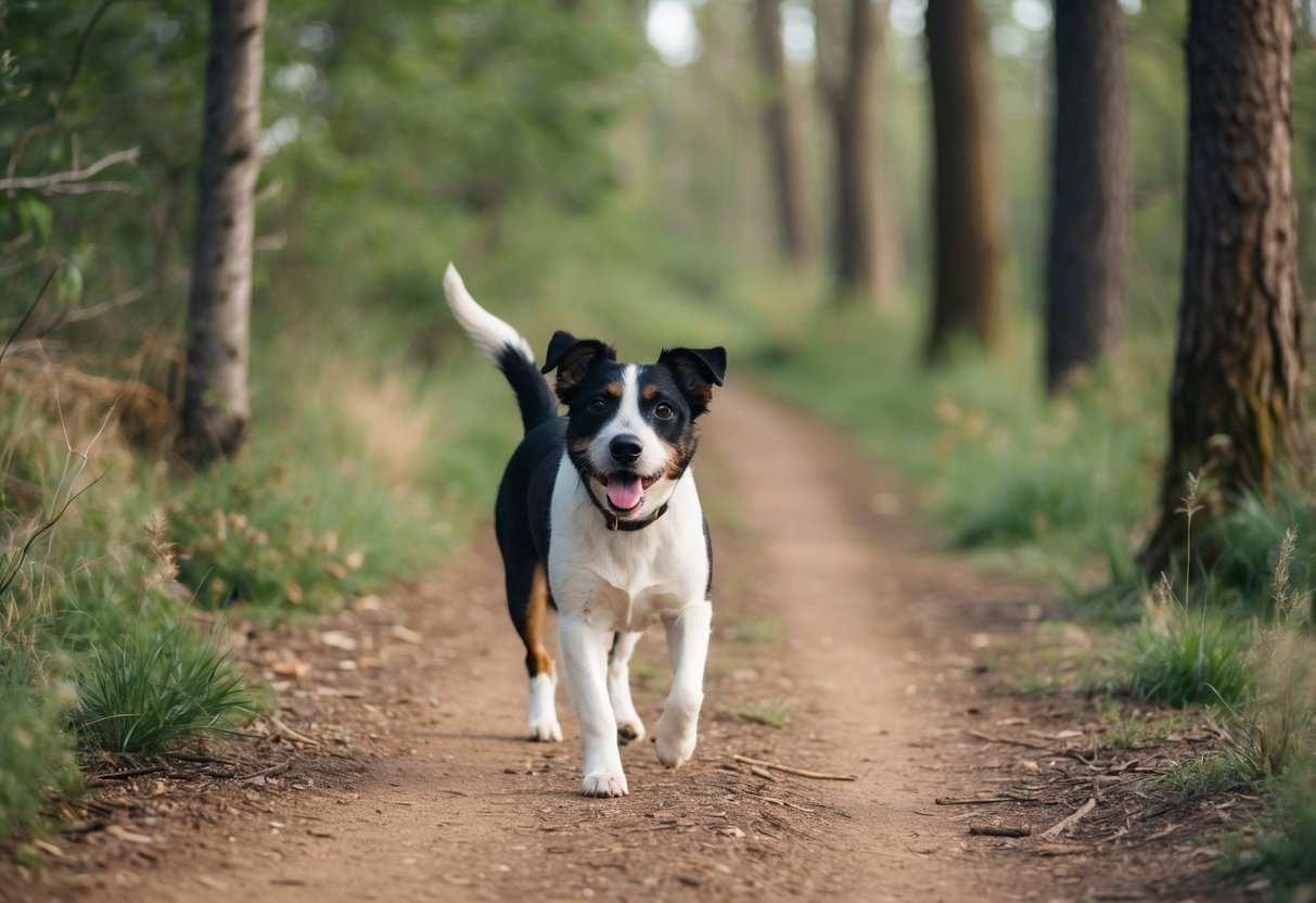 A border terrier happily walks along a forest trail, surrounded by trees and wildlife. Its tail is wagging and its ears are perked up, showing its enjoyment of the long walk