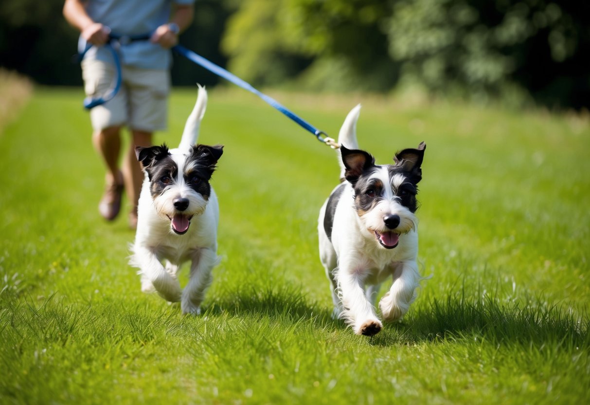 Two Border Terriers bounding through a lush green field, tails wagging, as they eagerly lead their owner on a long walk