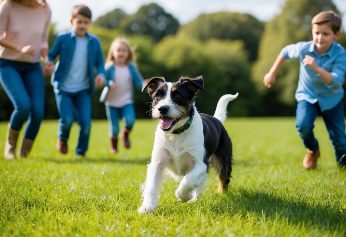A border terrier plays in a grassy field, surrounded by a family with children. The dog looks happy and energetic, with a friendly expression on its face