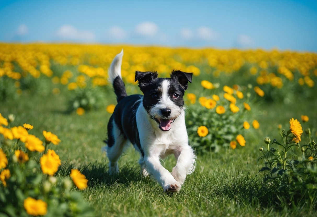 A Border Terrier playing in a green field, surrounded by flowers and with a bright blue sky in the background